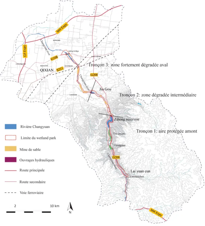 Figure 6 - Les différents tronçons de Parc national des zones humides de la Rivière Changyuan, Phytorestore, 2016 