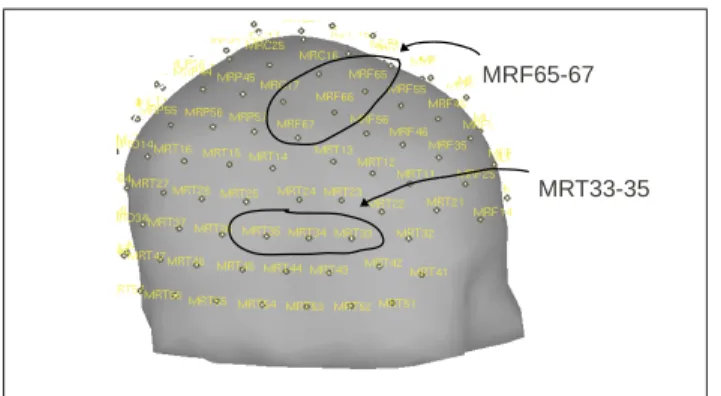 Figure 1.4 La position des capteurs MEG montrée sur une tête dont le nez est à droite