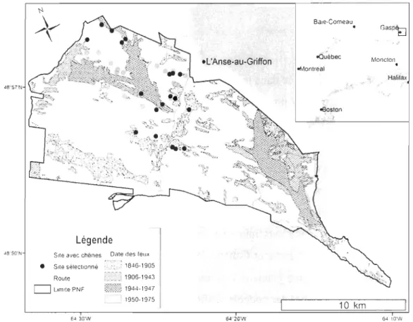 Figure 2.  Aire  d'étude,  loca lisation  des  stations  avec  chêne  rouge  et  des  19  stations  sé lectionnées  emp lacement  des  feux  de  fo rêts  surve nus  entre  1846  et  1975  dans  le  PNF  recensés  par  Dryade  (19 86), Rogeau (2006) et Parc