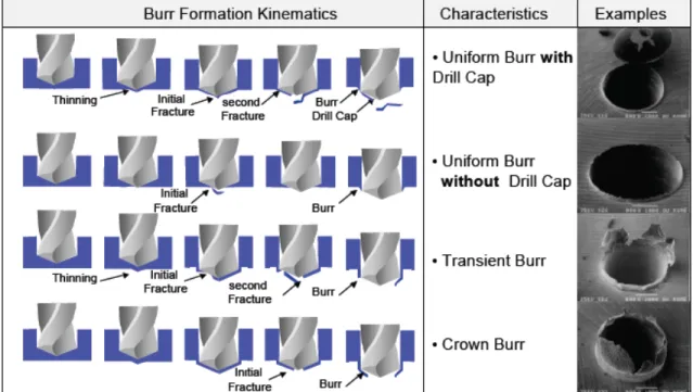Figure 3.13  Mécanismes de formation des bavures en perçage  Tirée de Dornfeld (2009, Diapo