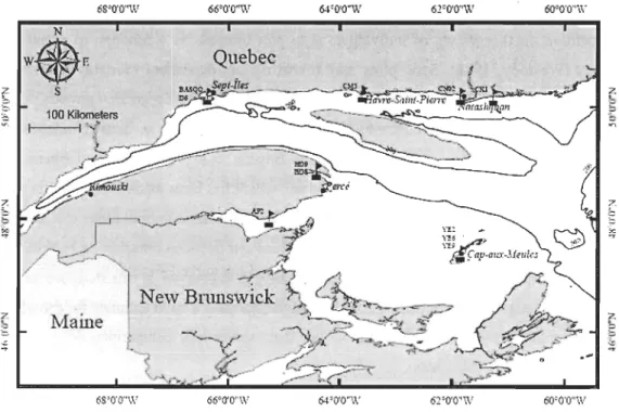 Figure  3.1:  Location  of  buoy  mooring  sites.  Projected  coordinate  system  used  was  NAD1983MTM7 