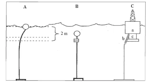 Figure 3.2:  Schematic view  of  experimental setup.  A,  standard collector; B, Cage; C, Buoy  made ofthree parts: body (a), chain (b) and leg (c)