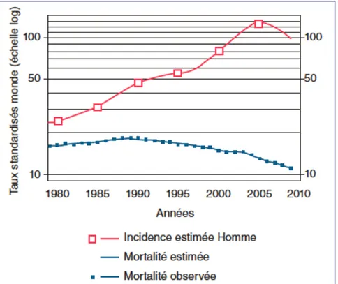 Figure 1. Tendance chronologique de l'incidence et de la mortalité du CaP pour la France  depuis 1980 jusqu’à 2011 (6)