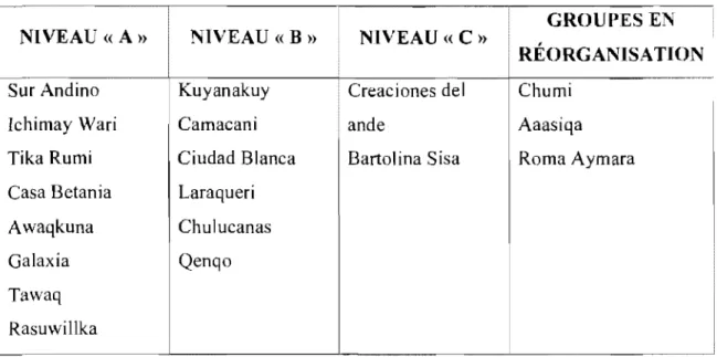Tableau  IV :  Classification des groupes de l'organisation CIAp47 (année 2006)  GROlfPES EN  NIVEAU  «  A»)  NIVEAU « B  »  NIVEAU  «  C  »  , 
