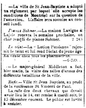 Illustration 1.1 Exemple d’une publicité s’insérant à l’intérieur de nouvelles. Tiré de la Chronique Montréal parue dans La Patrie, samedi 12décembre 1885.