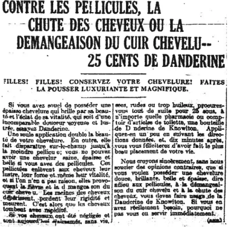 Illustration 1.3 Publicité de Danderine, produit capillaire, parue dans La Patrie, samedi 13 mars 1915.