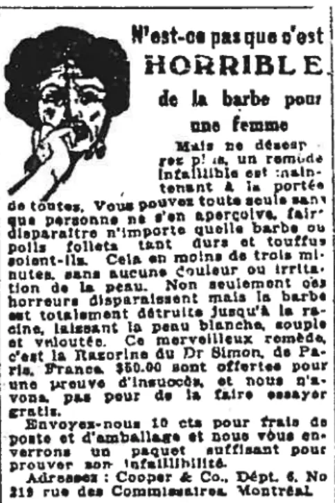 Illustration 1.5 Publicité de Razorine. produit enrayant les poils follets, parue dans La Patrie, samedi 16janvier 1915.