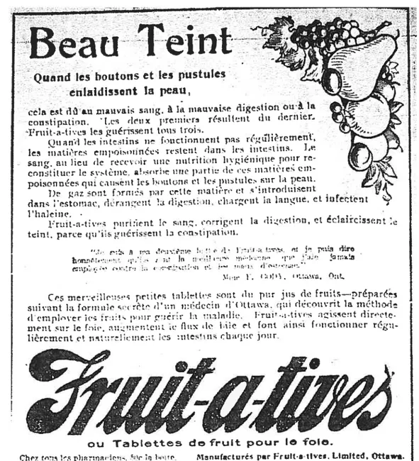 Illustration 1.6 Publicité de fruit-a-tives, produit pour le teint, parue dans La Patrie, samedi 10juin 1905.