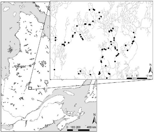 Fig 1. Map of the study territory. The distribution of the sampled stands is indicated by the black dots on the  inset map