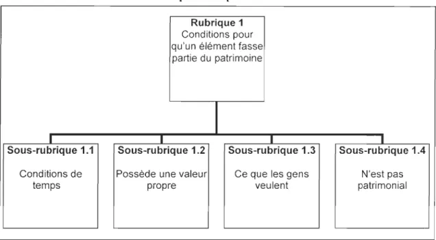 Figure 4.1  : Rubriq ues et so us-r ubriques concernant les conditions pour q u'un élément  fasse  partie d u patrimoine