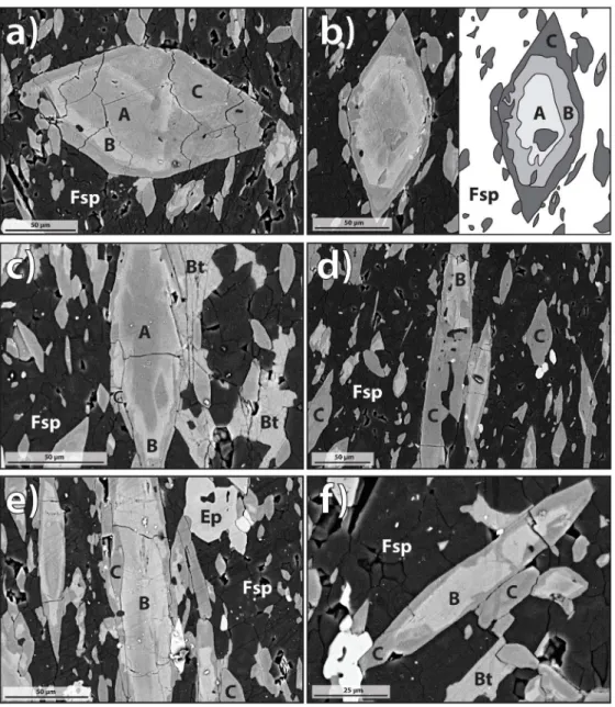 Figure 8: Backscattered electron SEM images of sample FG-07 and sketch (b). The abbreviations used are A,  B, and C (for zones A, B, and C amphiboles), Ep (epidote), Bt (biotite), and Fsp (feldspar)