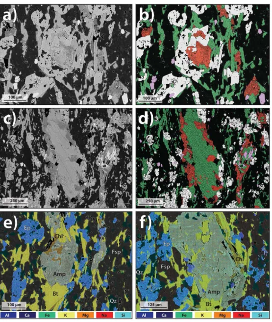 Figure 10: Backscattered electron SEM images of sample FG-02 (a, c) draped with interpreted mineralogy  (b, d) and chemical maps of major elements (e, f)