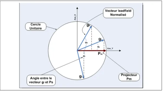 Figure 2.11  Calcul des coefficients d’activation en projetant les  leadfields   de    sur le projecteur