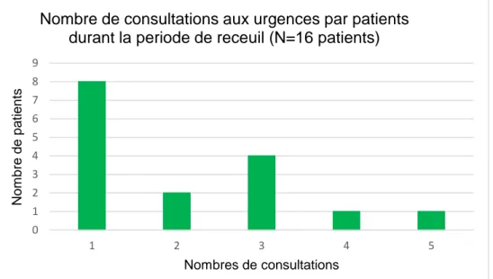 Figure 5. Nombres de consultations aux urgences, par patients, durant la période de recueil