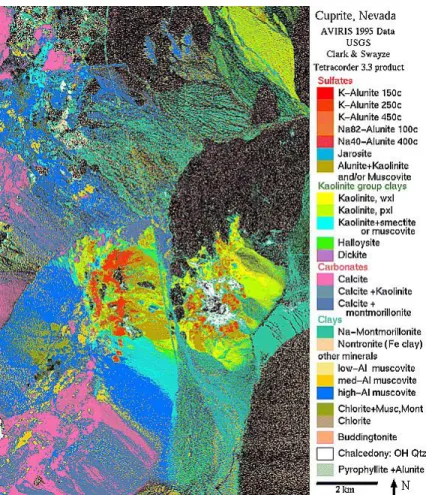 Figure 1-4 : Carte géologique de la minéralogie hydratée de la région de Cuprite Hill (Nevada) compilée par  Tetracorder à partir d'images du spectro-imageur AVIRIS (Clark et al
