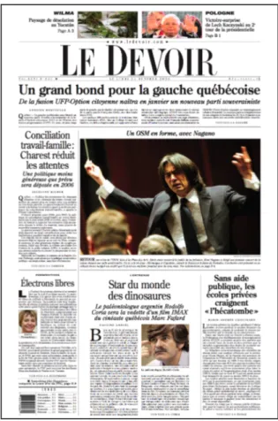 Figure 1 – Page frontispice du quotidien Le Devoir, lundi 24 octobre 2005 