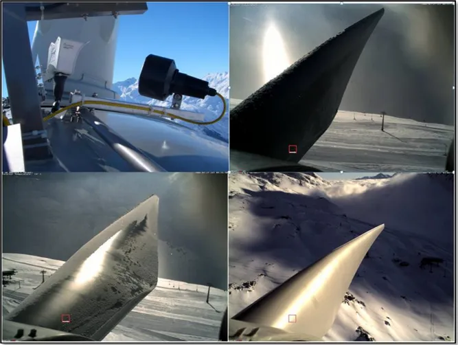 Figure 1.7 : (Top left) Installed camera on the Nacelle, the lamp on the right is for heating  purpose
