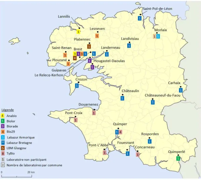 Figure 1 : Répartition des laboratoires d'analyses de biologie médicale non hospitaliers  dans le Finistère 