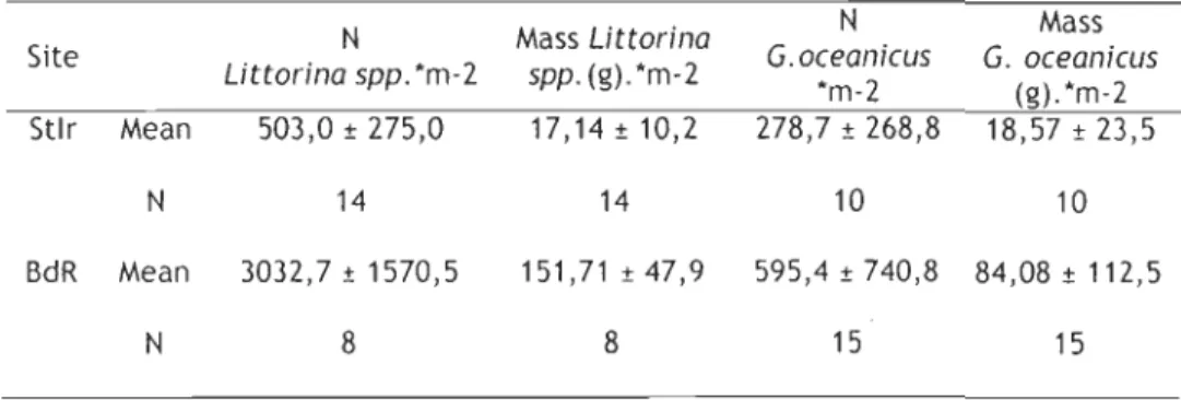 Table  6.  Number  and  mass  of  Littorina  spp.  and  Gamarus  oceanicus  per  square  meter,  in  hard  bottom  habitats  in  Saint-Irénée  (Stlr)  and  Baie-des-Rochers  (BdR) ,  sampled  in summer 2005