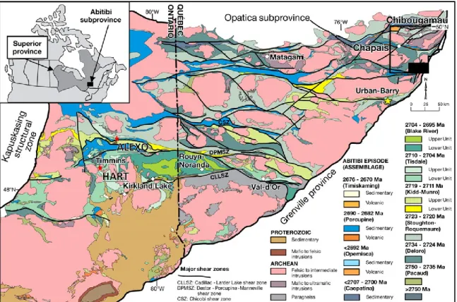 Figure  2.1  :  Carte  géologique  de  la  sous-province  de  l’Abitibi  et  localisation  des  zones  d’échantillonnage  (étoiles rouges) (modifiée d’après Thurston et al., 2008)
