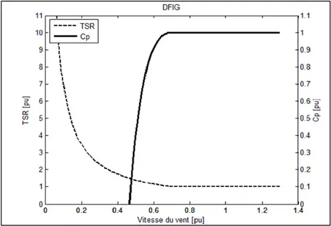 Figure 1.11 TSR et Cp en fonction de la vitesse du vent. 