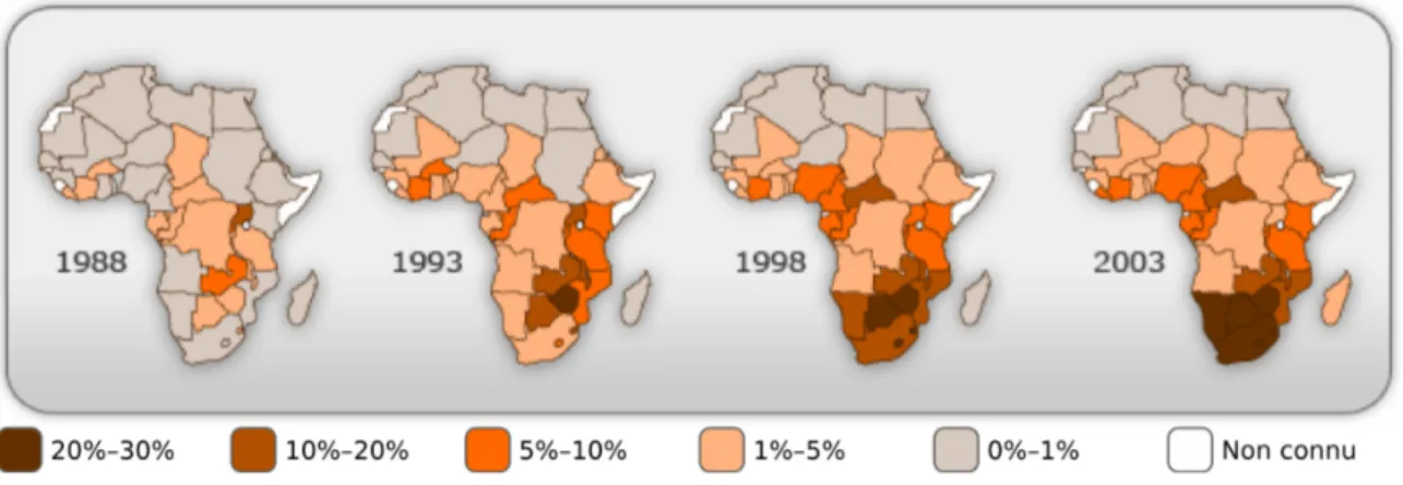 Figure 1.1. – Évolution des taux de séroprévalence nationaux chez les adultes en Afrique sub-saharienne de 1988 à 2003