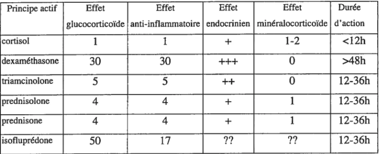 Tableau II : Effets glucocorticoïdes, anti-inflammatoires, endocriniens et minéralocorticoïdes de différentes molécules, d’après des études chez les rats et les chiens (d’après (McDonald 198$; Plumb 1999)