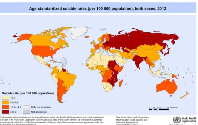 Figure 2 : Taux standardisés de suicide selon le pays, en 2012 