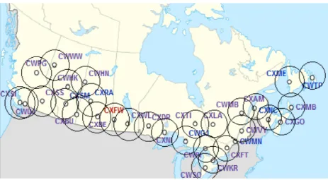Fig. 1.1. Carte des radars météorologiques d’Environnement Canada, enregistrant toutes formes de précipitations (pluie, grêle, neige, grésille, etc.).
