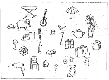Figure 2.  Feuille de réponse où sept paires d'objets ont été déplacées (p. ex., dans la  partie gauche, la planche à repasser et la perceuse ont inversé leur position initiale)