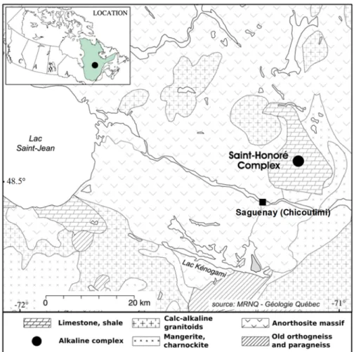 Figure 1. Study site location and local geology of the Saint-Honoré alkaline complex. Map modified  from [39]