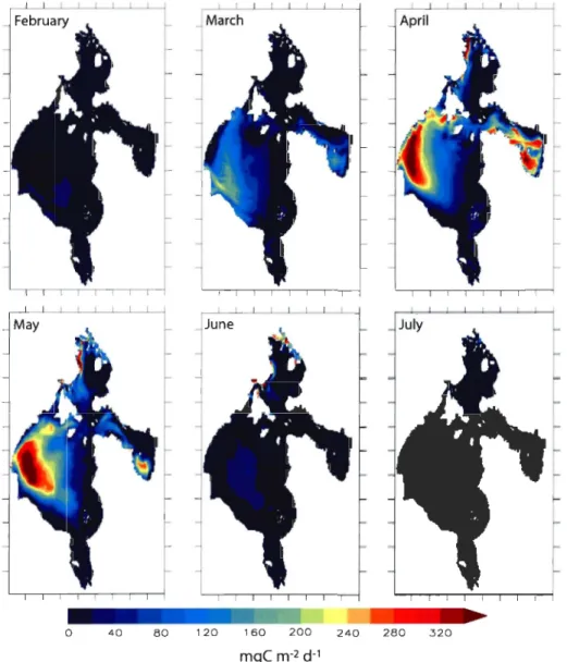 Figure  8.  Monthly  averaged  ice  algal  production  for  the  coupled  simulation  from  February to  July  1997