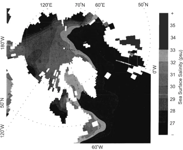 Figure  2:  Mean  sea  surface  salinity  in  the  Arctic  and  subarctic  seas,  Data taken  from  the  multiannual climatology of Steele et al