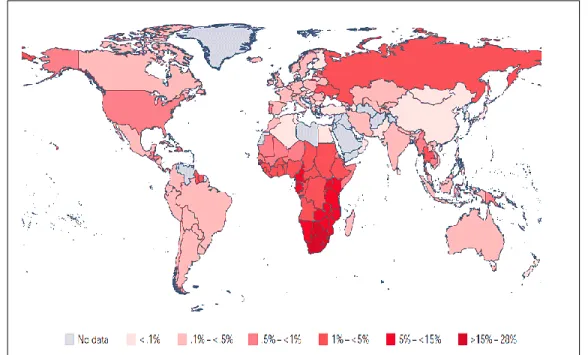 Figure 1: Prévalence du VIH au niveau mondial. Vue d’ensemble de l’infection au VIH  à l’échelle mondiale, 2009 (Adaptée de www.unaids.org)