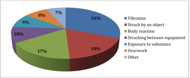 Figure 2.2 Type of injuries in gold and silver mines in Quebec region between 2002 and  2011 (based on the information retrieved from CNESST official website), (CNESST, 2011)