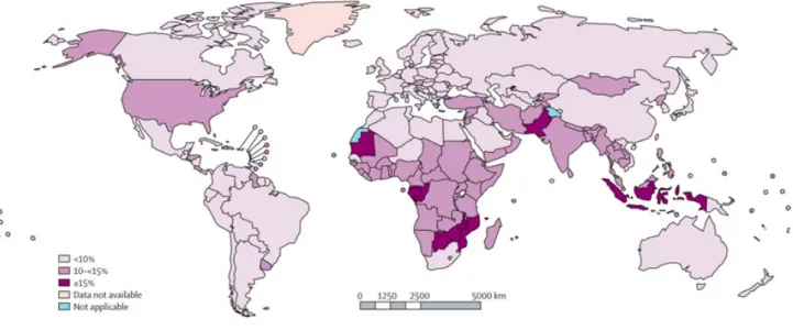 Figure 1. Cartographie des naissances prématurées dans le monde en 2010. 