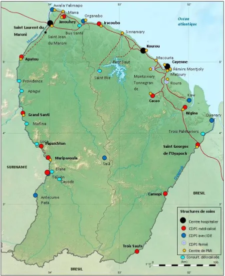 Figure 2 :Répartition des structures de soins en Guyane : « Ville M, Brousse P. Centres délocalisés  de  prévention  et  de  soins  une  approche  pour  les  territoires  isolés  de  Guyane