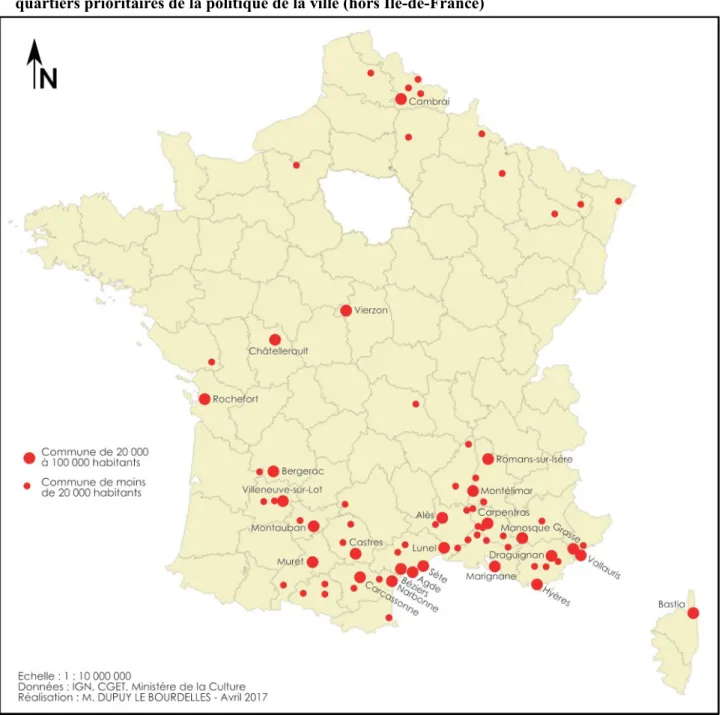 Figure 1.   Localisation   des   76   centres   anciens   de   villes   petites   et   moyennes   identifiés   comme quartiers prioritaires de la politique de la ville (hors Île-de-France)