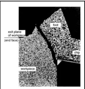 Figure 1.4 Micrograph of the chip root showing the exit failure,   negative shear and foot formation (Pekelharing, 1978) 