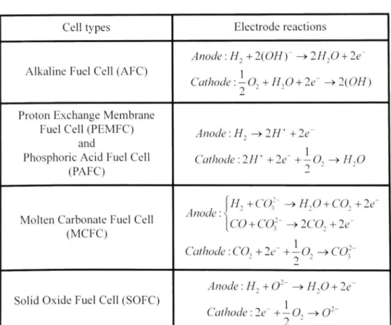 Table 11 1 show s electrochemical reaction s for common fue l cell s type fed wit h hydrogen an d  air