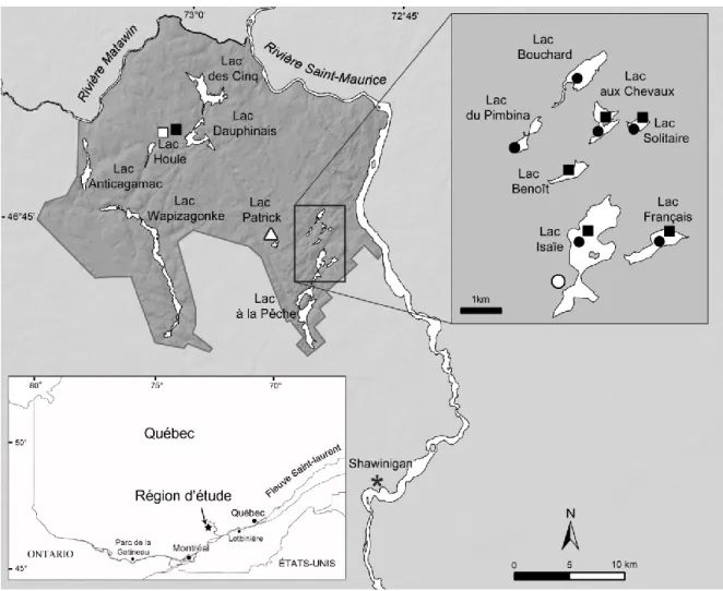 Figure 2.1. Localisation de la région d’étude et des sites d’échantillonnage des billes de bois de flottage  et autres catégories d’arbres morts dans le Parc national de la Mauricie : pruche (●), pin blanc (■) et  épinette  rouge  (▲)