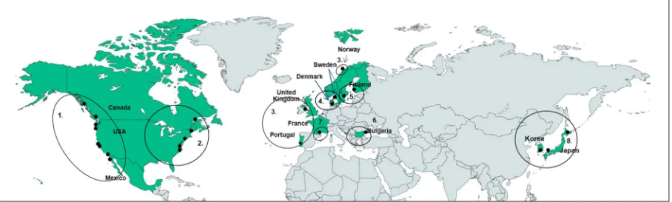 Figure 1. The study sites in the Northern Hemisphere (with sampled countries in green)