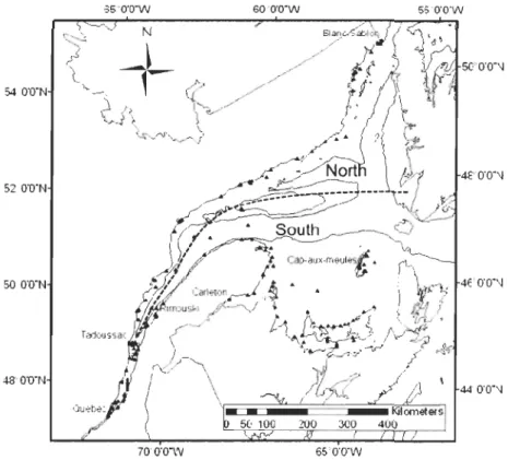 Figure  2.  North  and  South  division  of St.  Lawrence  system  for  spatial  autocorrelation  analyses
