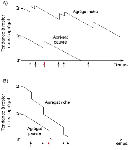Figure 2: Représentation graphique du modèle de Waage (1979). La tendance initiale à rester  dans l‟agrégat (Q x ) est proportionnelle à la qualité de l‟agrégat