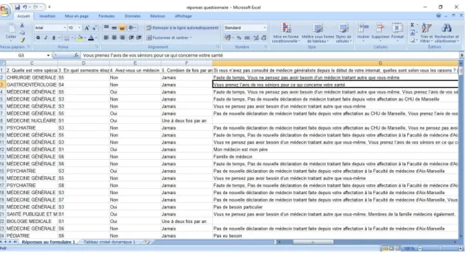 Illustration 3 : Aperçu des réponses au questionnaire transposées dans une feuille de calcul Microsoft Excel 2007® 