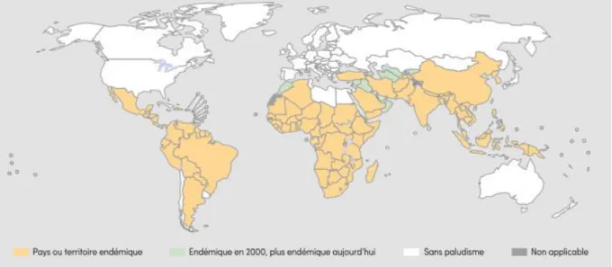Figure 6 : Pays où la transmission du paludisme est active, 2000 et 2015 (19) 