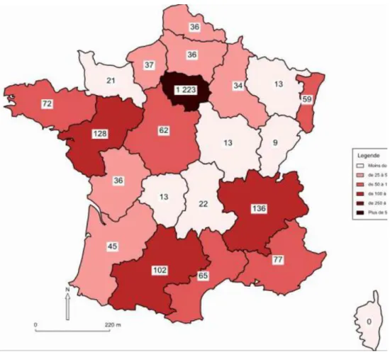 Figure 10 : Répartition régionale des cas de paludisme déclarés par le réseau des correspondants du  CNR du Paludisme, année 2014, n=2299 (18) 