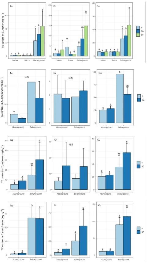 Figure 2.2 Mean (with standard deviation) trace element concentrations (mg TE kg -1 ) in aboveground (leaves and stems for S