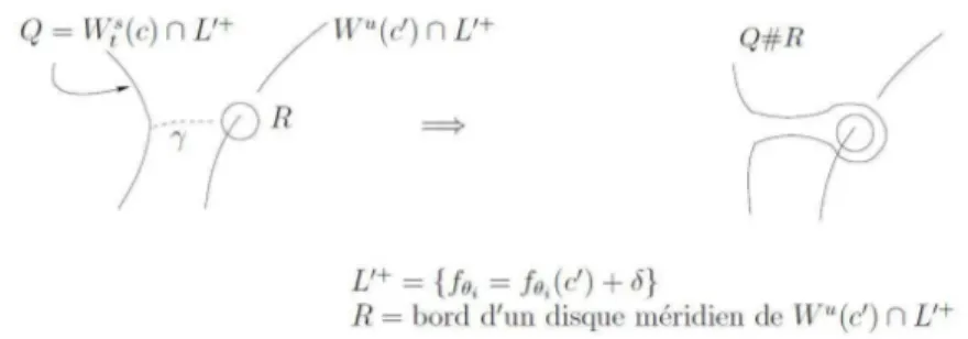 Figure 5.1 – Somme connexe lors d’une bifurcation de type glissement d’anse. Sur ce sch´ema on prend un pseudo-gradient positif il faut donc inverser vari´et´e stable et vari´et´e instable pour ˆetre coh´erent avec ce m´emoire