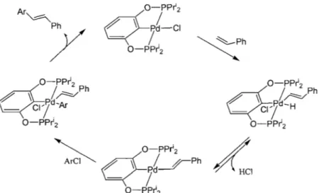 Figure  1.25:  Le  mécanisme  proposé  pour  l'oléfination  catalytique  des  chlorures  d'aryles  par [ {2,6-(i-Pr2PO)2C6H3} PdCI] 